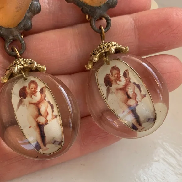 Vintage Lucite 80’s Angel Earrings long big chunky artisan clip on lightweight - Picture 5 of 11